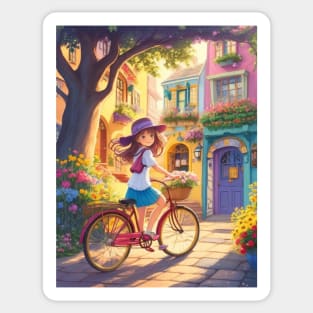 A cute girl explores a lively street on her bicycle. Sticker